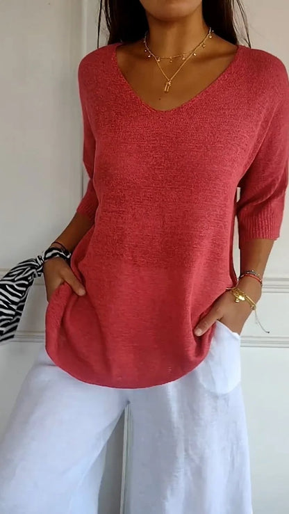 🌸 50% RABATT! 🧶 Unifarbenes Gestricktes Top mit V-Ausschnitt – Frühjahrsverkauf – Weich & Bequem, Zeitloser Look & Vielseitig Kombinierbar 👚