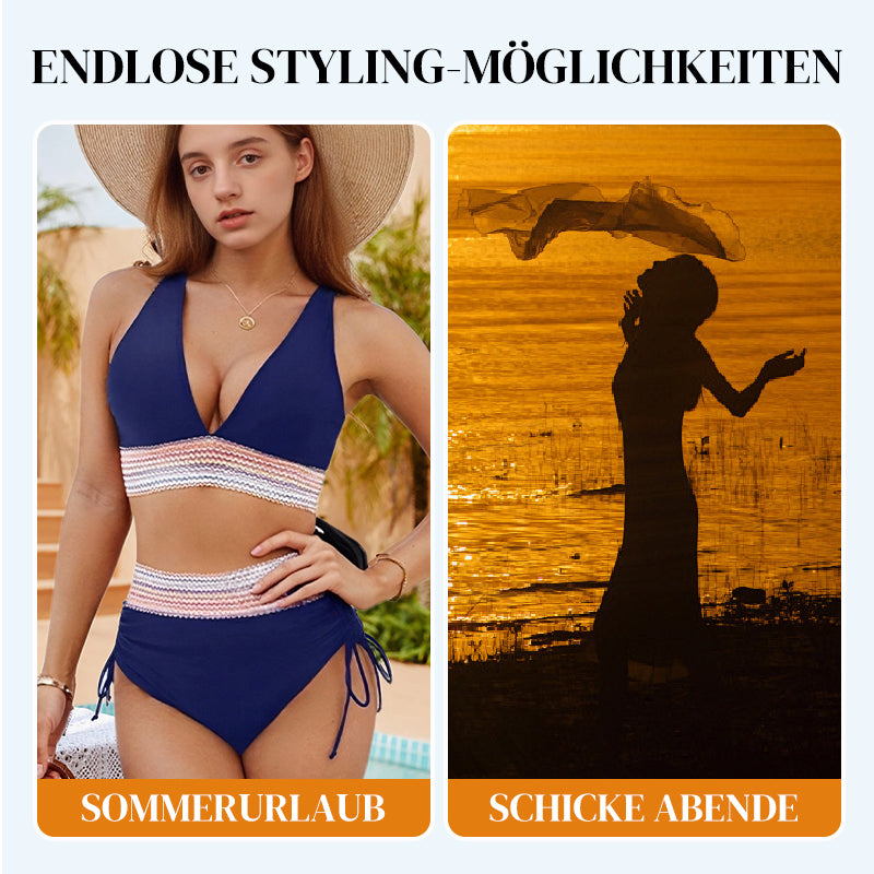 👙 LIMITIERTER 50% RABATT! Patchwork-Bikini 2-teiliges Set, V-Ausschnitt High-Waist Badeanzug für Damen, 2 Farben