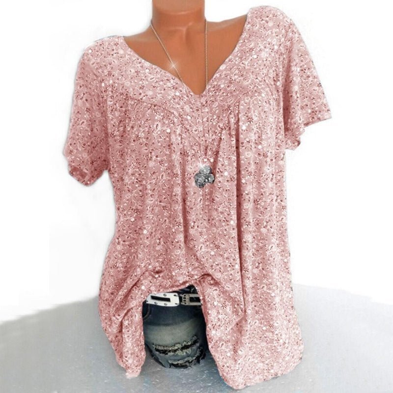 Damen Kurzarmbluse mit Frühlingsblumenprint – V-Ausschnitt, Atmungsaktiv & Knitterfrei für Frühling & Sommer 🌸👚