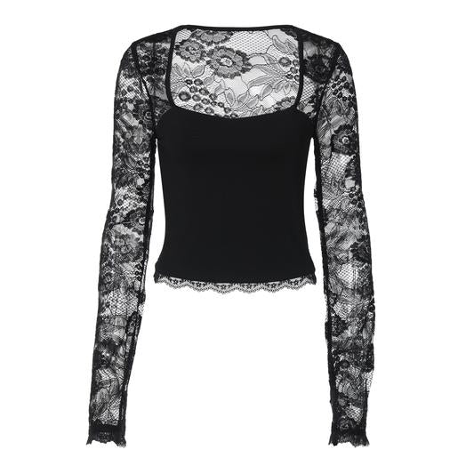 60% RABATT✨Einfarbiges Damen-T-Shirt – Spitzenblumenmuster, Gesplittete Rüschen & Transparente Ärmel für Romantischen Look ✨