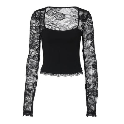 60% RABATT✨Einfarbiges Damen-T-Shirt – Spitzenblumenmuster, Gesplittete Rüschen & Transparente Ärmel für Romantischen Look ✨