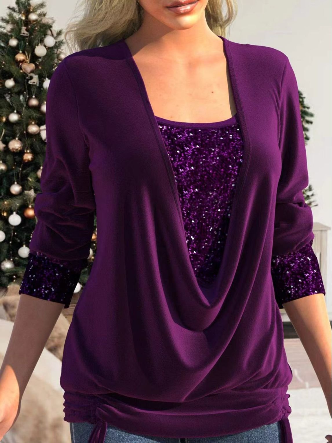 💜 LETZTER TAG VERKAUF: 60% RABATT! ✨ Pailletten Fake-Zweiteiler-Top – Elastisches Glitzerstoff-Design mit Raffung für festliche Anlässe 🎀📦
