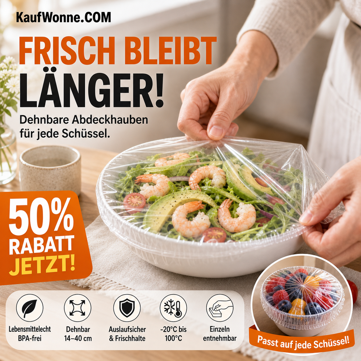 🥗 Einweg-Stretch-Lebensmittelabdeckhauben | 300 Stück | mikrowellengeeignet & gefrierfest