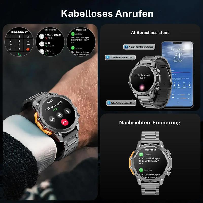 ⌚ 50% Rabatt ！1,52'' HD Smartwatch Herren | Anruf, Musik, IP68 | Lange Akkulaufzeit