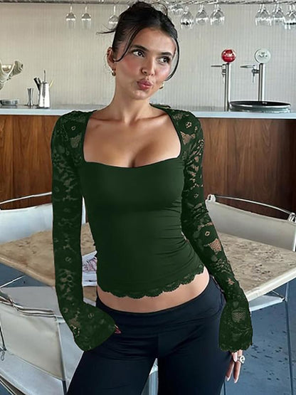 60% RABATT✨Einfarbiges Damen-T-Shirt – Spitzenblumenmuster, Gesplittete Rüschen & Transparente Ärmel für Romantischen Look ✨