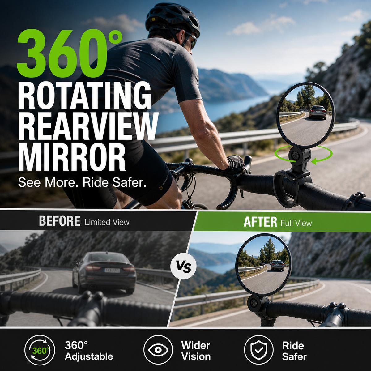 ⏳Zeitlich begrenztes Sonderangebot⏰360° drehbarer Rückspiegel – Klare Sicht nach hinten, kein Verdrehen des Halses mehr. Passend für Fahrräder, E-Bikes und Motorräder. Werkzeuglose Silikonbefestigung! 🛡️✨