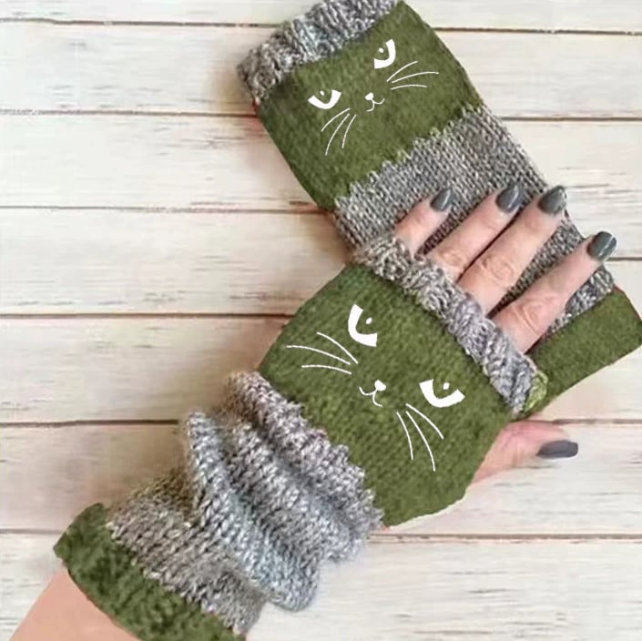 🔥🧤Damen-Strickhandschuhe ohne Finger mit süßem Katzenmuster🐱