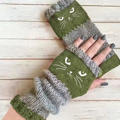 🔥🧤Damen-Strickhandschuhe ohne Finger mit süßem Katzenmuster🐱