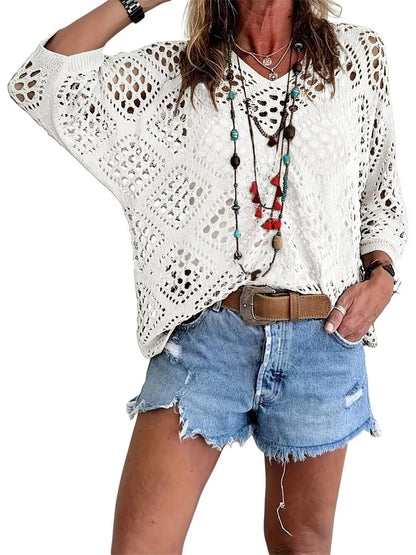 🔥💐FRÜHJAHRSANGEBOT⚡ÜBER 50.000 VERKAUFT!✨ Beige Häkeltop im Boho-Stil mit V-Ausschnitt für Damen
