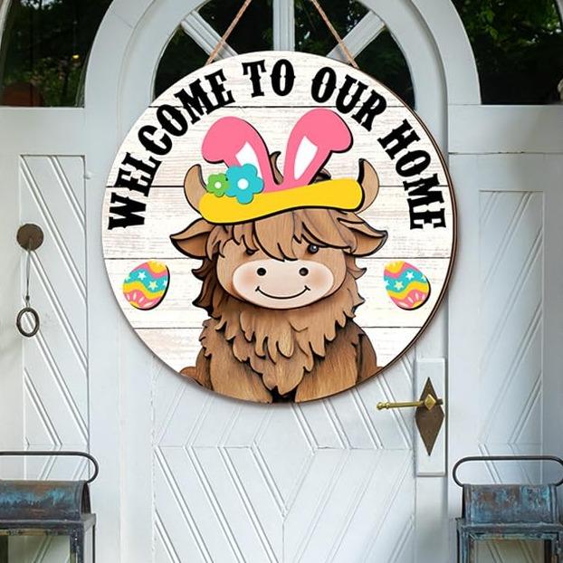 🐇 Osterverkauf: 50 % Rabatt!!💥 Highland Cow-Schild Austauschbares Willkommensschild mit Magneten Abnehmbare Hüte Niedliche Rinder zum Aufhängen