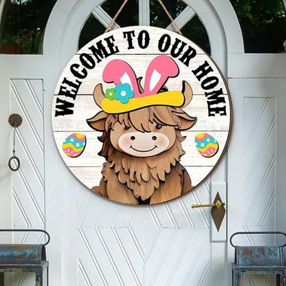 🐇 Osterverkauf: 50 % Rabatt!!💥 Highland Cow-Schild Austauschbares Willkommensschild mit Magneten Abnehmbare Hüte Niedliche Rinder zum Aufhängen