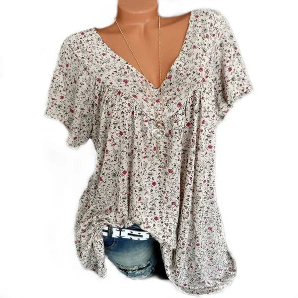 Damen Kurzarmbluse mit Frühlingsblumenprint – V-Ausschnitt, Atmungsaktiv & Knitterfrei für Frühling & Sommer 🌸👚