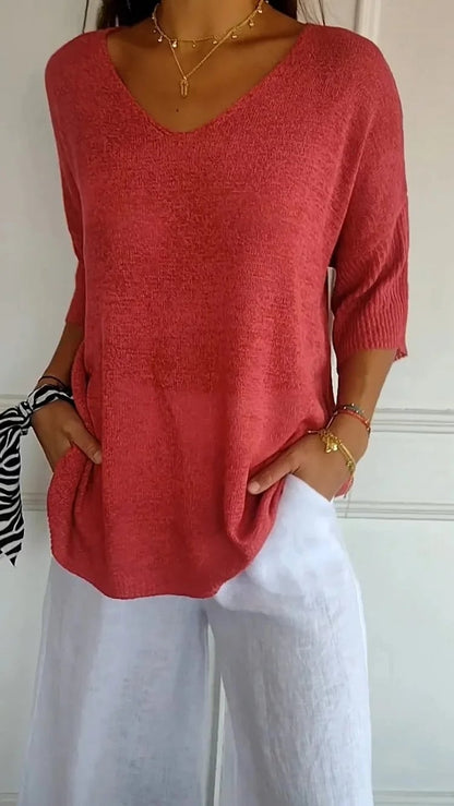 🌸 50% RABATT! 🧶 Unifarbenes Gestricktes Top mit V-Ausschnitt – Frühjahrsverkauf – Weich & Bequem, Zeitloser Look & Vielseitig Kombinierbar 👚