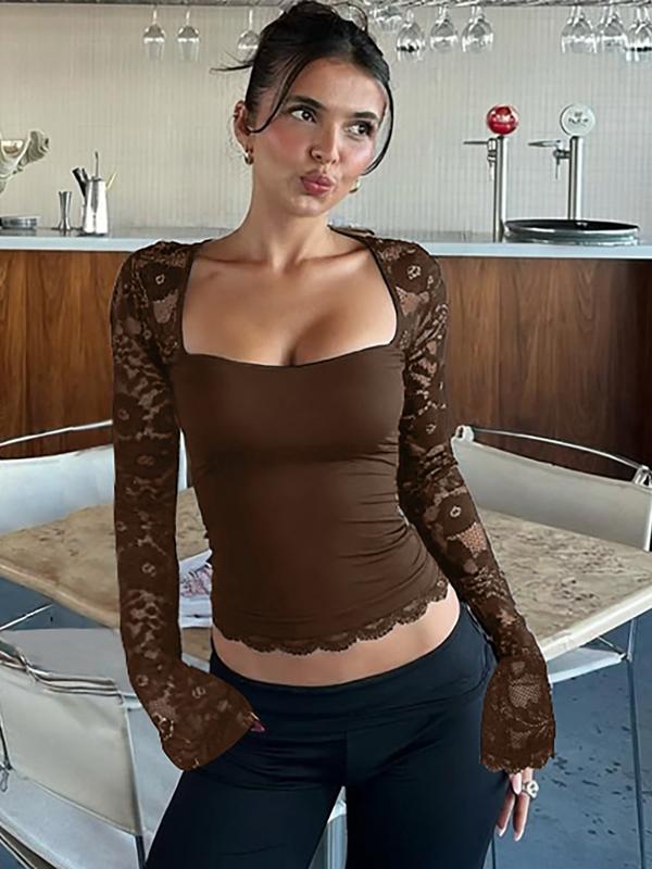 60% RABATT✨Einfarbiges Damen-T-Shirt – Spitzenblumenmuster, Gesplittete Rüschen & Transparente Ärmel für Romantischen Look ✨
