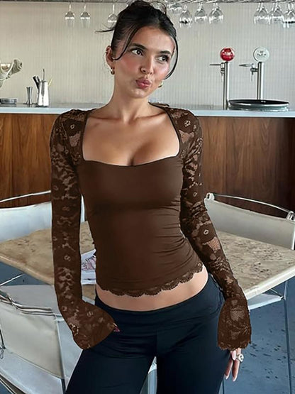 60% RABATT✨Einfarbiges Damen-T-Shirt – Spitzenblumenmuster, Gesplittete Rüschen & Transparente Ärmel für Romantischen Look ✨