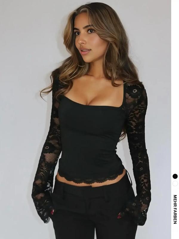 60% RABATT✨Einfarbiges Damen-T-Shirt – Spitzenblumenmuster, Gesplittete Rüschen & Transparente Ärmel für Romantischen Look ✨