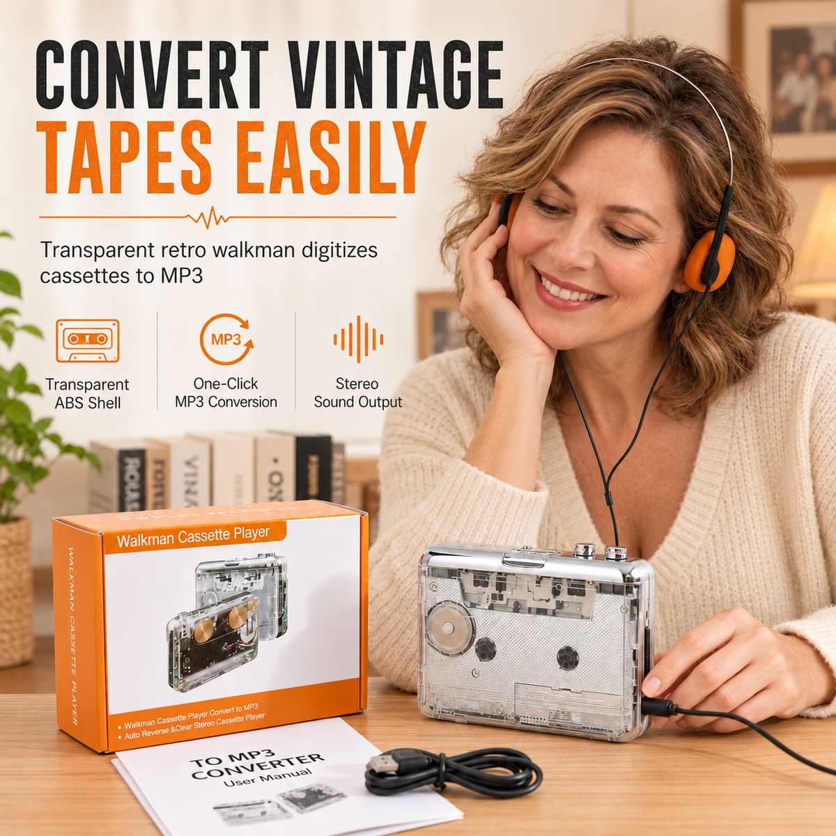 📼 50% Rabatt! 🎵 Klassischer Kassettenspieler im transparenten Retro-Design – Nostalgie pur, Kassetten zu MP3, USB-C