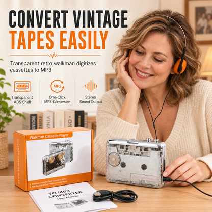 📼 50% Rabatt! 🎵 Klassischer Kassettenspieler im transparenten Retro-Design – Nostalgie pur, Kassetten zu MP3, USB-C