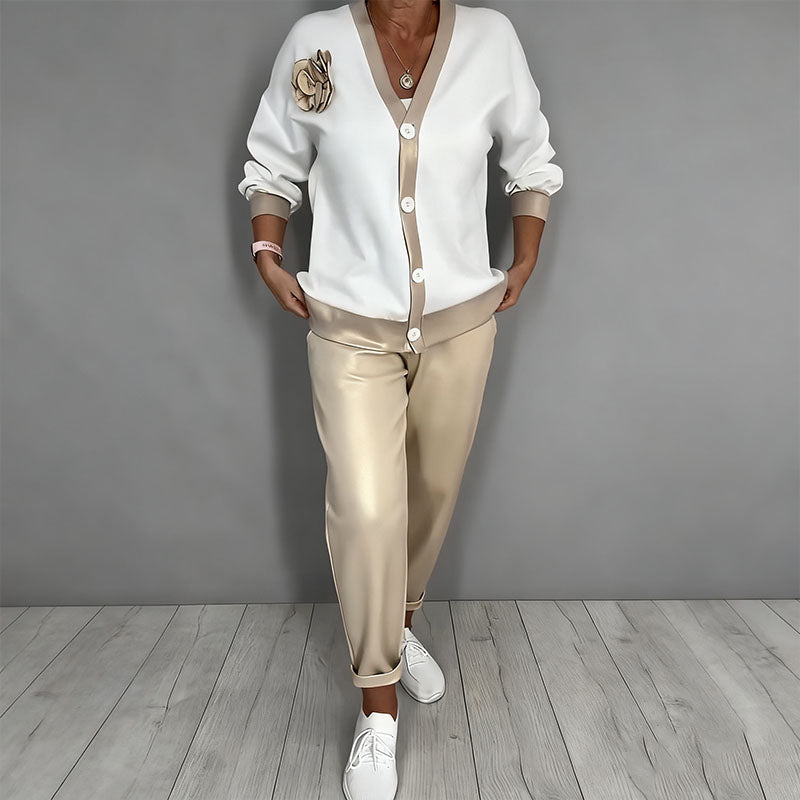 🔥Zeitlich begrenztes Angebot – 2-teiliges Set aus lässigem Damen-Oberteil mit V-Ausschnitt und Hose mit hoher Taille
