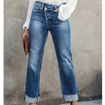 High-Waist Stretch-Jeans für Damen mit geradem Bein