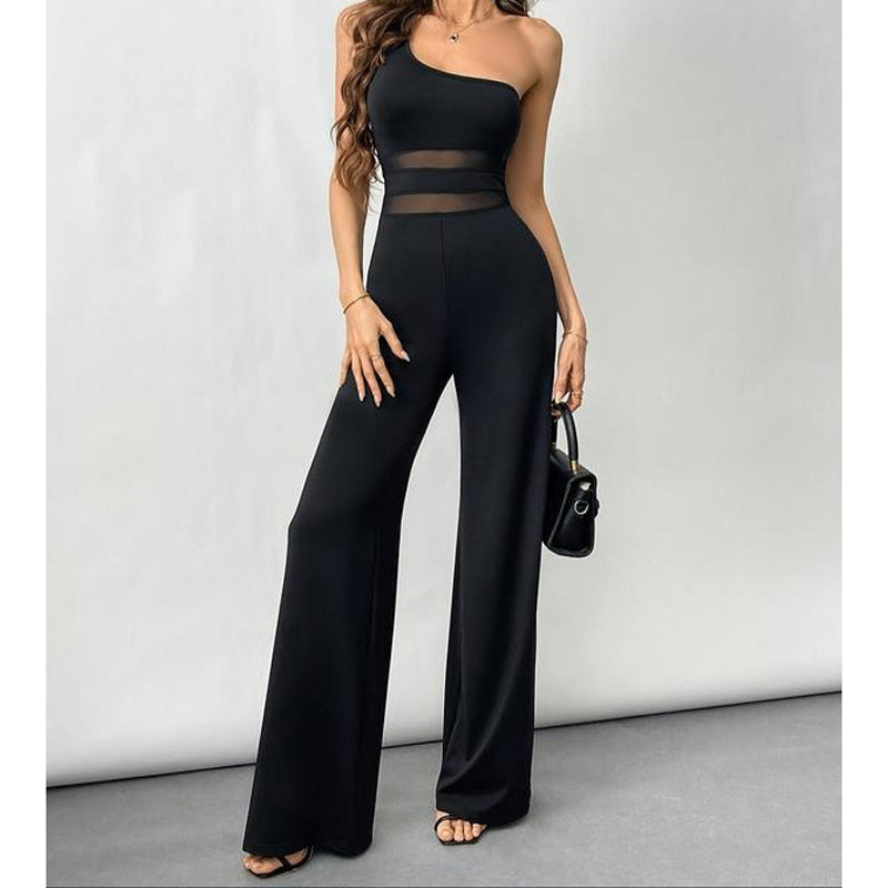 🔥Solange der Vorrat reicht 50 % Rabatt!🎉One-Shoulder Jumpsuit mit weitem Bein und Netzeinsatz