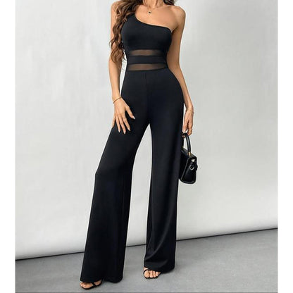 🔥Solange der Vorrat reicht 50 % Rabatt!🎉One-Shoulder Jumpsuit mit weitem Bein und Netzeinsatz