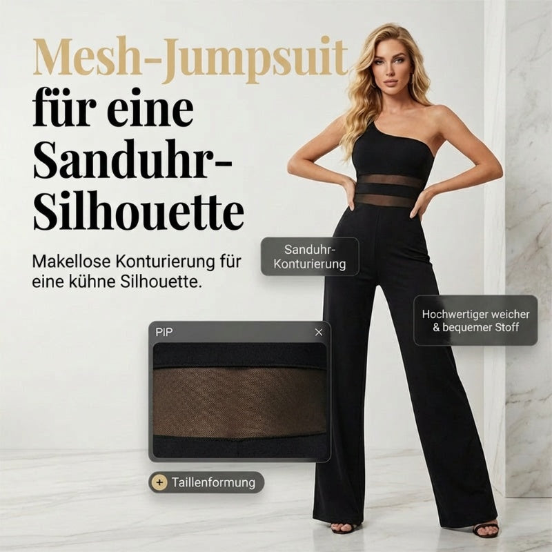 🔥Solange der Vorrat reicht 50 % Rabatt!🎉One-Shoulder Jumpsuit mit weitem Bein und Netzeinsatz
