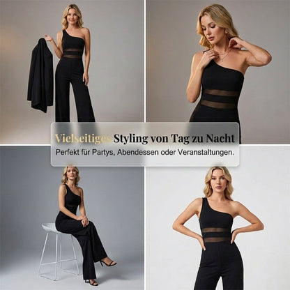 🔥Solange der Vorrat reicht 50 % Rabatt!🎉One-Shoulder Jumpsuit mit weitem Bein und Netzeinsatz