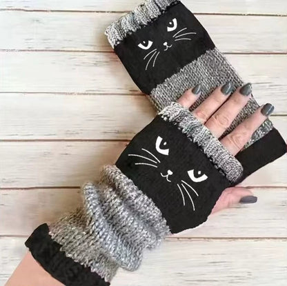 🔥🧤Damen-Strickhandschuhe ohne Finger mit süßem Katzenmuster🐱