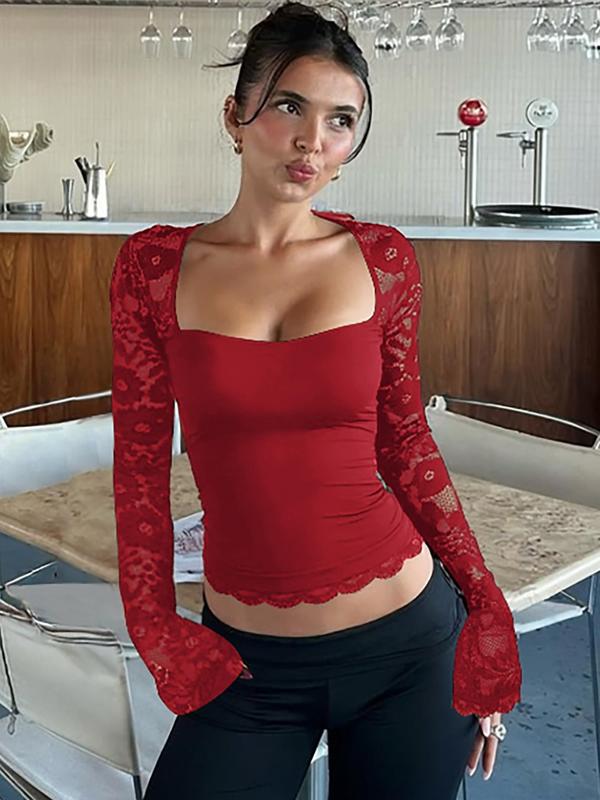 60% RABATT✨Einfarbiges Damen-T-Shirt – Spitzenblumenmuster, Gesplittete Rüschen & Transparente Ärmel für Romantischen Look ✨