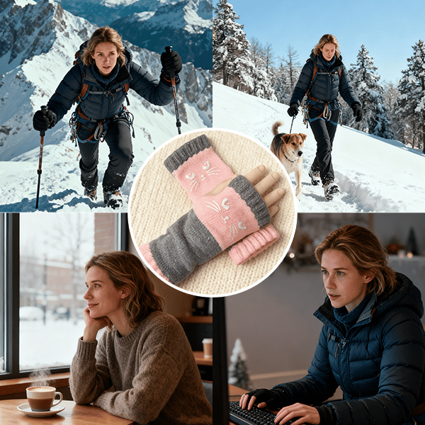 🔥🧤Damen-Strickhandschuhe ohne Finger mit süßem Katzenmuster🐱