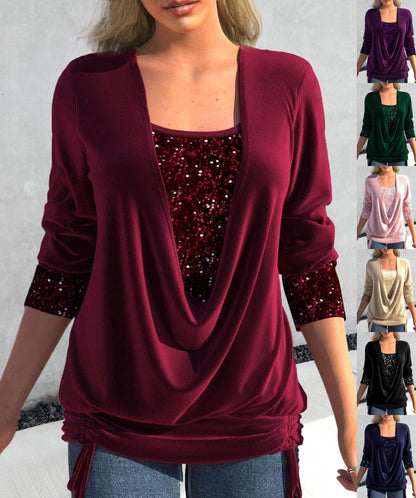 💜 LETZTER TAG VERKAUF: 60% RABATT! ✨ Pailletten Fake-Zweiteiler-Top – Elastisches Glitzerstoff-Design mit Raffung für festliche Anlässe 🎀📦