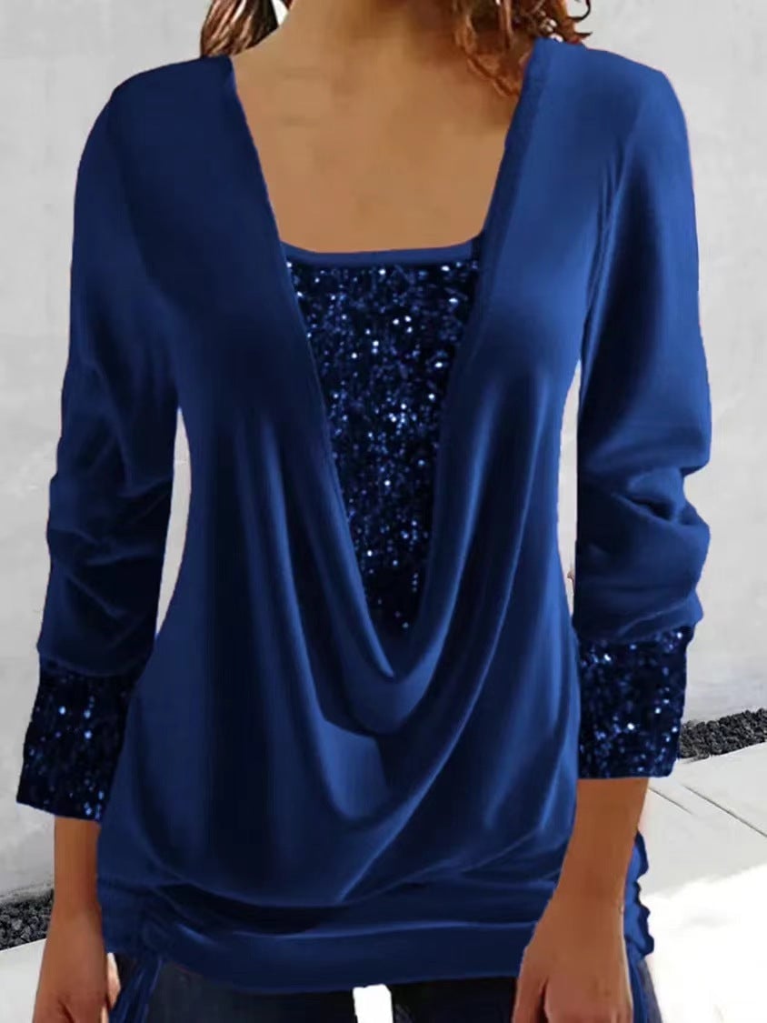 💜 LETZTER TAG VERKAUF: 60% RABATT! ✨ Pailletten Fake-Zweiteiler-Top – Elastisches Glitzerstoff-Design mit Raffung für festliche Anlässe 🎀📦