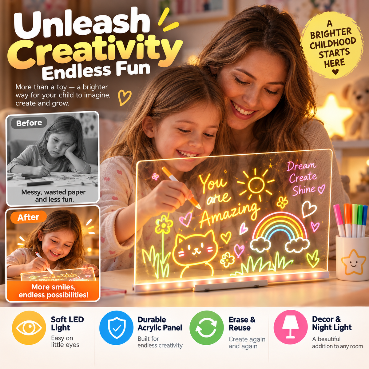 🖍️ LIMITIERTES ANGEBOT 50% RABATT! ✨ Leuchtende Kinder-Maltafel – sanfte LED, wiederverwendbar, auch als Nachtlicht 💡