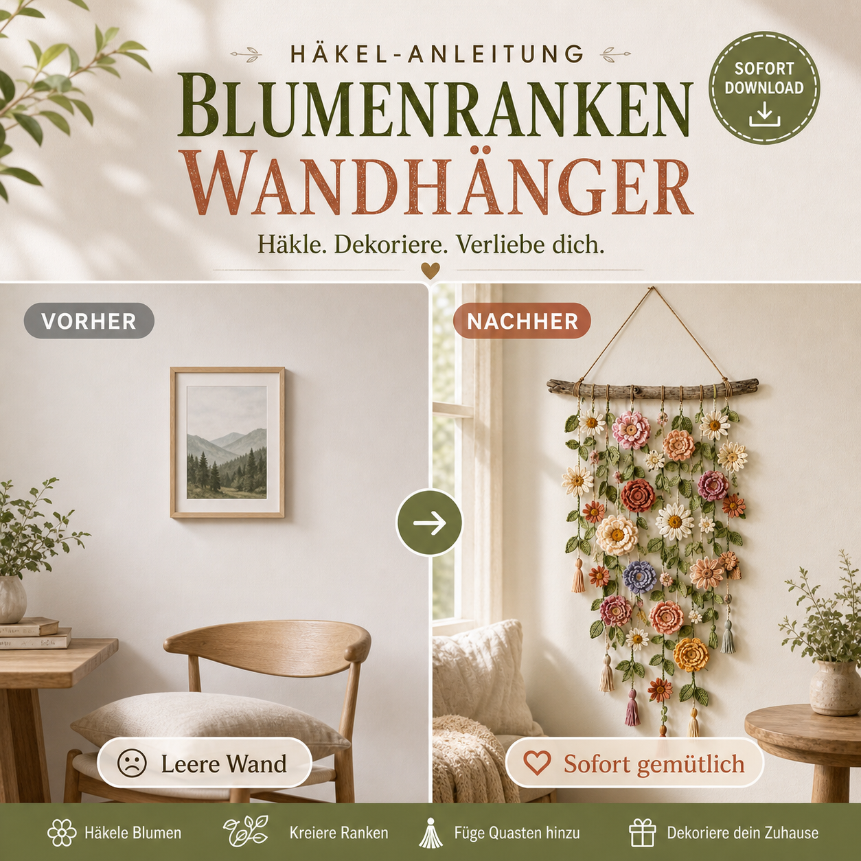 Boho-Dekoration mit all'uncinetto Blumen 🌸🌿