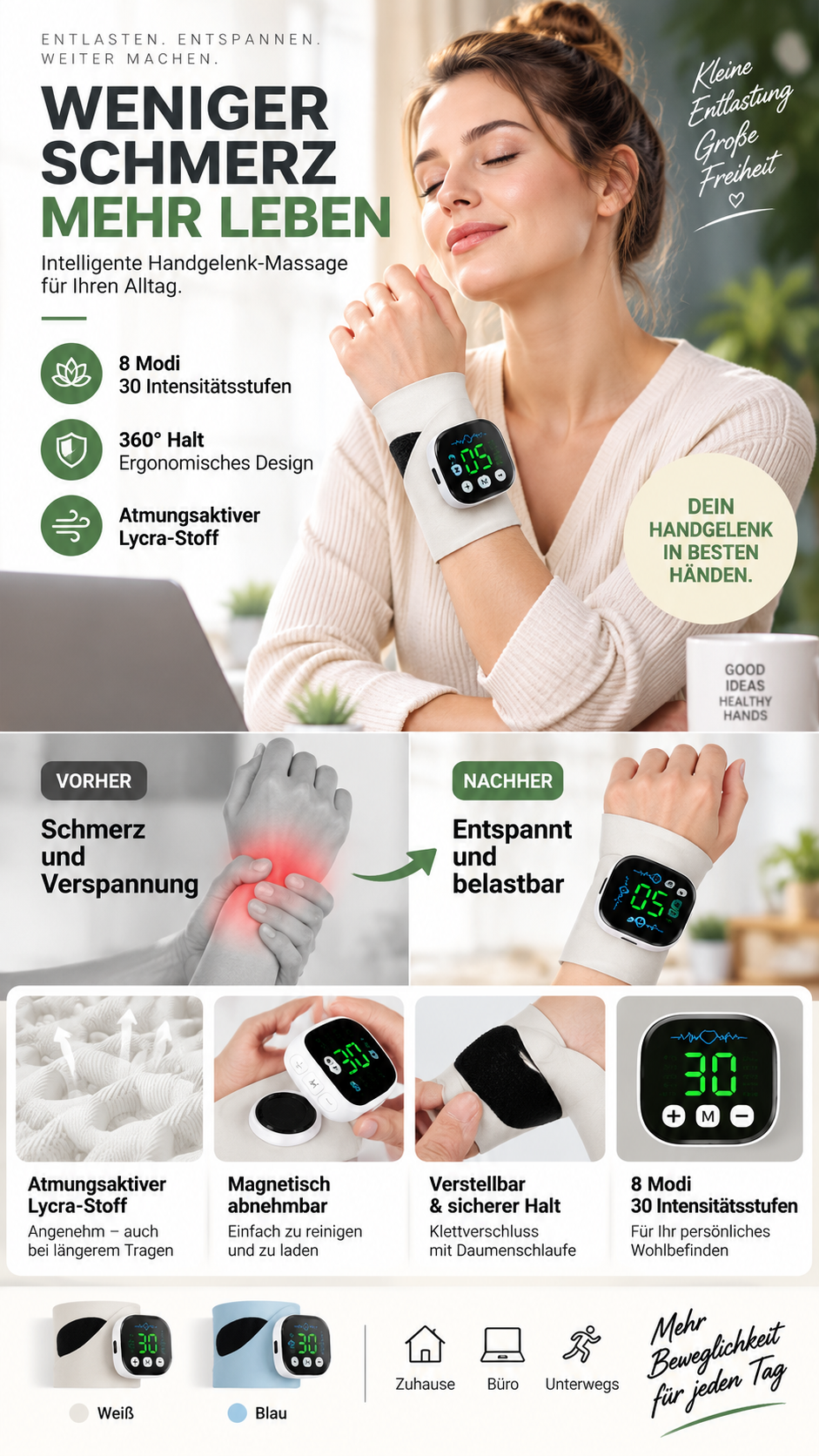 📢📢50 % Rabatt!! 🔥🎁 Praktisches Handgelenk-Massagegerät | Leicht tragbar, atmungsaktiv, 8 Massageprogramme – Löst Handgelenkschmerzen zu Hause & Büro-Gcom