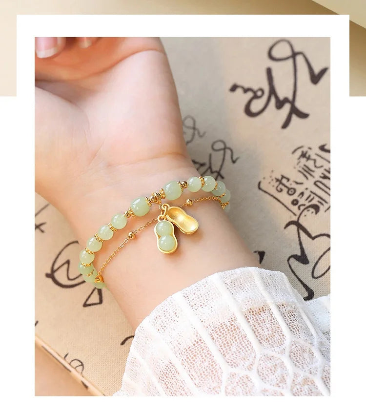 🥜🌿Natürlicher Jade-Armband mit Erdnussanhänger „Lucky Peanut“ 💚
