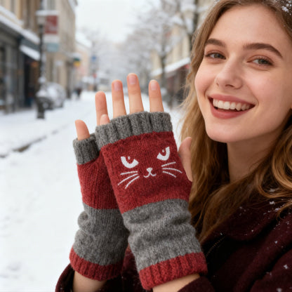 🔥🧤Damen-Strickhandschuhe ohne Finger mit süßem Katzenmuster🐱