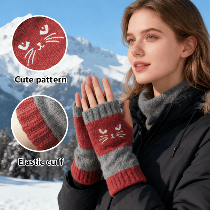 🔥🧤Damen-Strickhandschuhe ohne Finger mit süßem Katzenmuster🐱