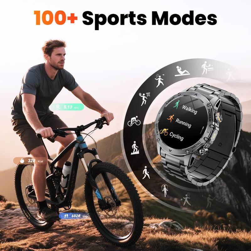 Herren Smartwatch im Militärstil mit 1100‑mAh‑Akku, 1,7‑Zoll‑AMOLED‑Display, LED‑Taschenlampe, IP68 wasserdicht, Fitnessuhr mit Telefonfunktion, über 110 Sportmodi, Herzfrequenz /Schlafüberwachung, kompatibel mit iOS und Android