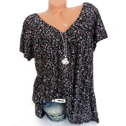 Damen Kurzarmbluse mit Frühlingsblumenprint – V-Ausschnitt, Atmungsaktiv & Knitterfrei für Frühling & Sommer 🌸👚