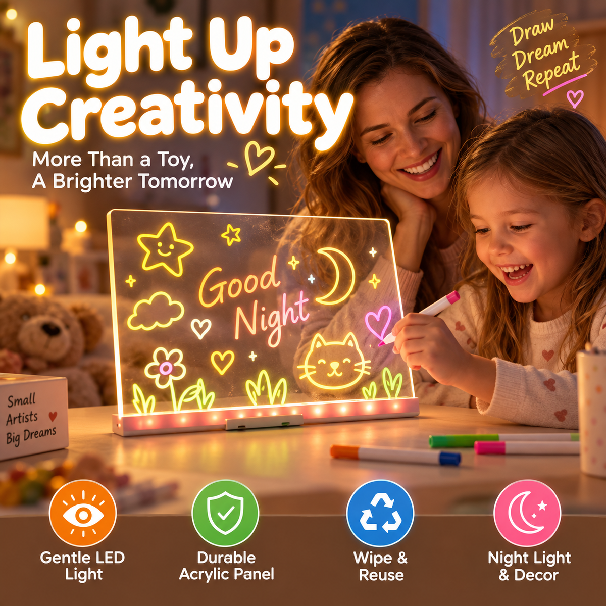 🖍️ LIMITIERTES ANGEBOT 50% RABATT! ✨ Leuchtende Kinder-Maltafel – sanfte LED, wiederverwendbar, auch als Nachtlicht 💡