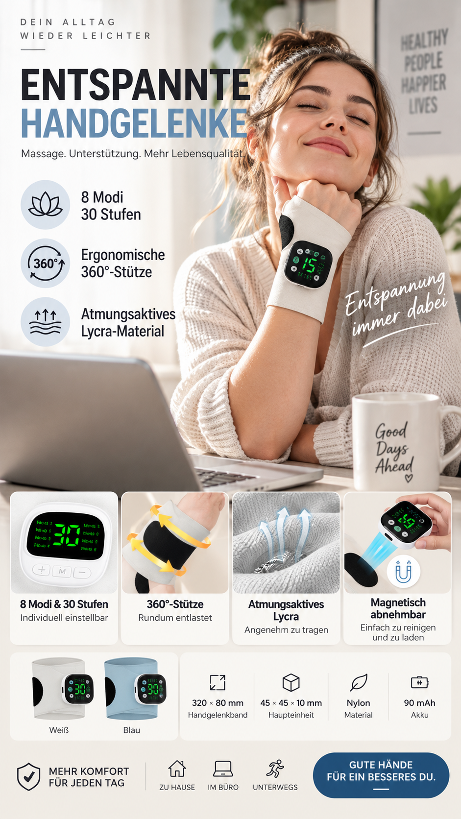 📢📢50 % Rabatt!! 🔥🎁 Praktisches Handgelenk-Massagegerät | Leicht tragbar, atmungsaktiv, 8 Massageprogramme – Löst Handgelenkschmerzen zu Hause & Büro-Gcom