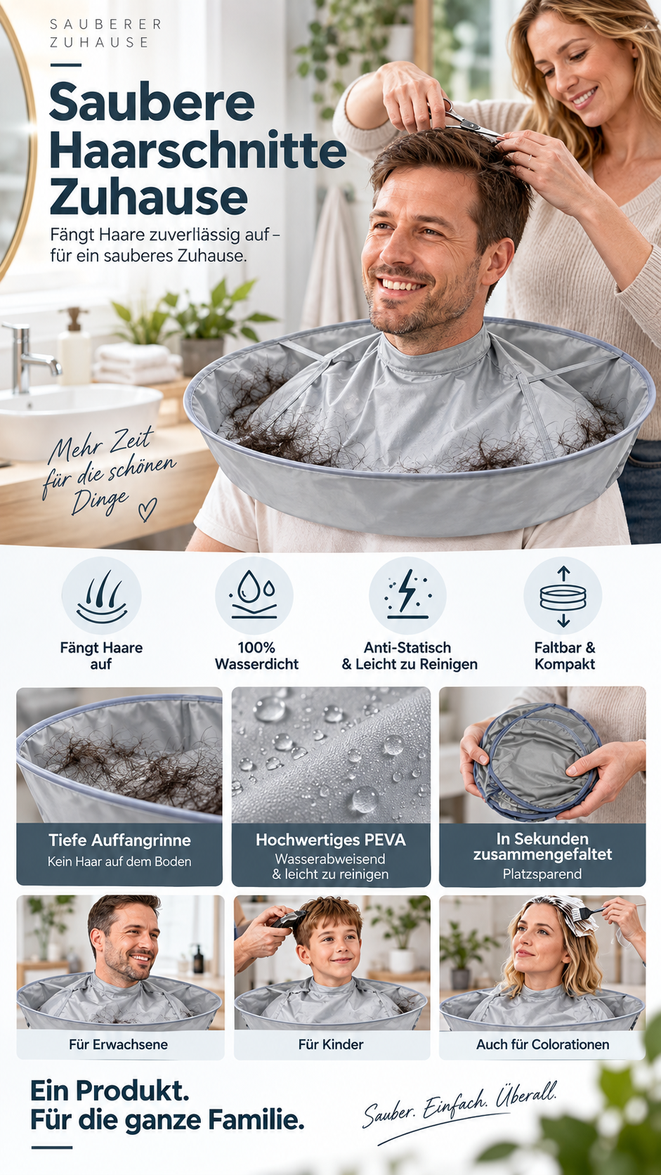 Atmungsaktiver Haarschneidecape – Integrierte Rille für saubere Schnitte, wasserdichte Oberfläche & antistatisches Gewebe für stressfreie Haarschnitte zu Hause -Gcom