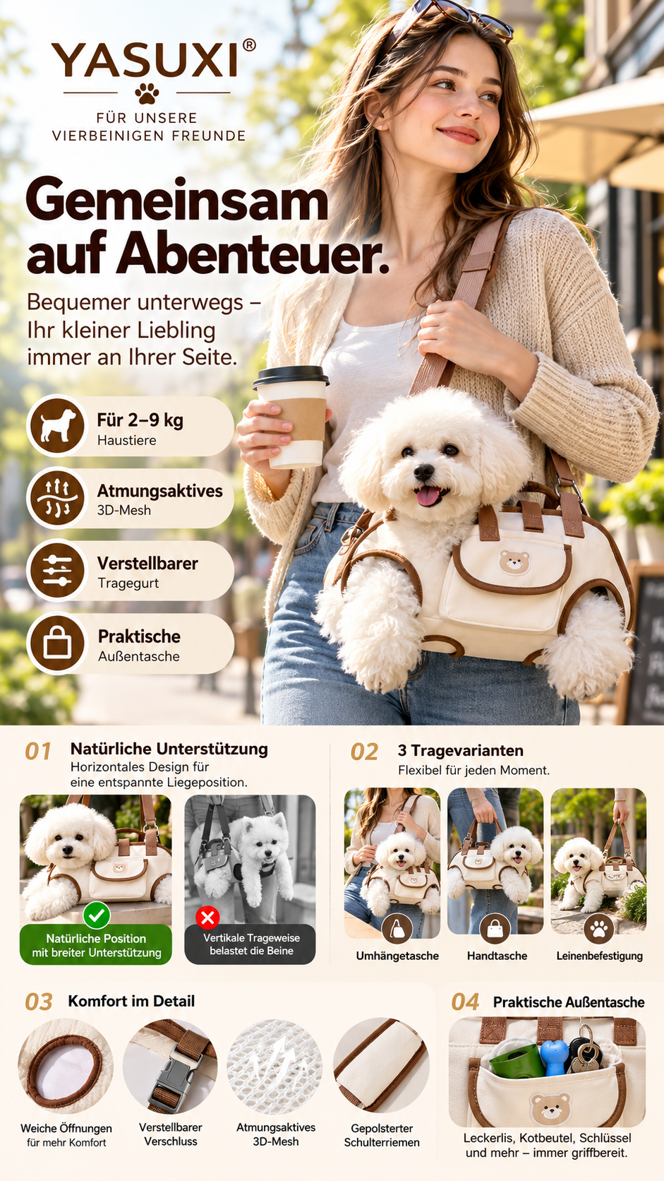 3-in-1 Haustier-Tragetasche – Atmungsaktiv, ergonomisch & bequem für kleine Hunde und Katzen-Gcom