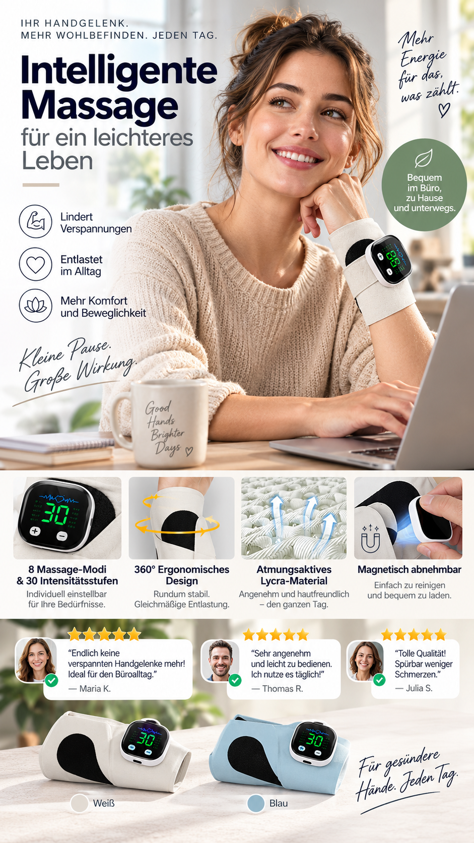 📢📢50 % Rabatt!! 🔥🎁 Praktisches Handgelenk-Massagegerät | Leicht tragbar, atmungsaktiv, 8 Massageprogramme – Löst Handgelenkschmerzen zu Hause & Büro-Gcom
