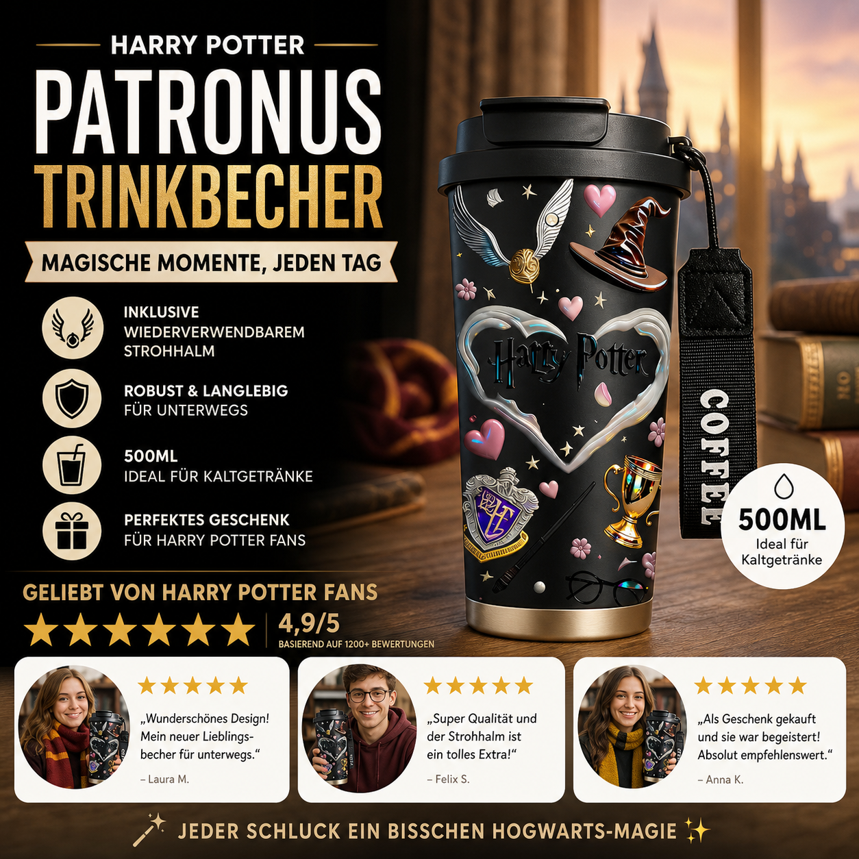 Harry-Potter-Magie – Patron-Glas mit Strohhalm