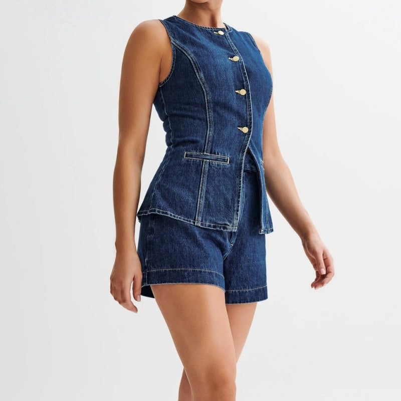 👖 Damen Denim Zweiteiler-Set ✨ Figurformendes Jeansweste & Shorts Set im Clean-Schnitt