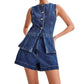 👖 Damen Denim Zweiteiler-Set ✨ Figurformendes Jeansweste & Shorts Set im Clean-Schnitt