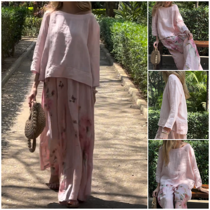 🥰Zweiteiliges Set aus Oberteilen in Unifarben und Hose mit weitem Bein und Blumenmuster